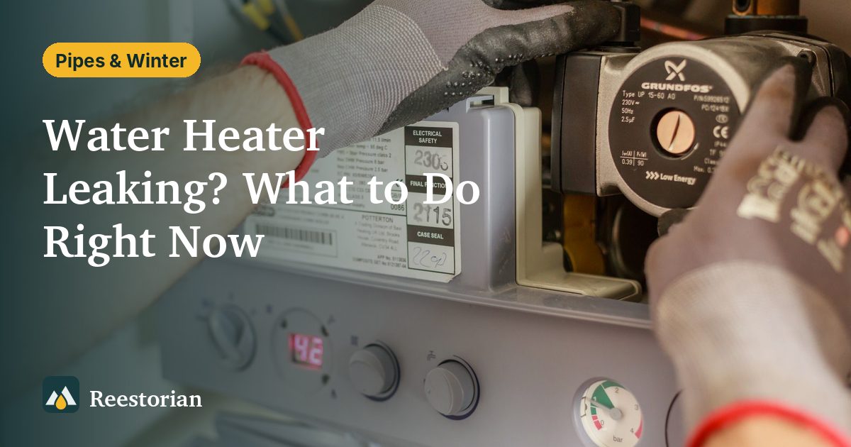 Gloved hands checking the controls of a home water heating unit